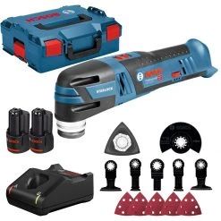 Bosch Bleu Outils Multifonction 06018B5006 Découpeur-ponceur Sans-fil GOP 12V-28, 2 Batteries 3,0 Ah + Accessoires L-BOXX