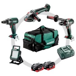 Metabo 691175000 Combo Set 4.3.2 LiHD 18V 10.0Ah - Perceuse à Batterie BS18LTX BL I + Meuleuse WB18LTX BL + Clé à Chocs SSW18LTX400 BL + Lampe BSA14.4-18