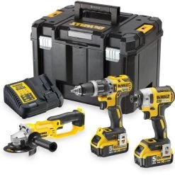 DeWalt Visseuse à Choc Sans Fil DCK383P2T-QW Pack 18V 5.0Ah Li-Ion - Perceuse à Percussion Sans Fil DCD796 + Visseuse à Percussion DCF887 + Meuleuse D'angle DCG412