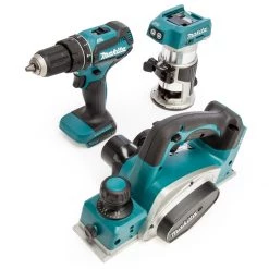 Makita Set DLX3116ZJ - Perceuse à Percussion Sans Fil DHP485 + Fraiseuse Sans Fil DRT50 + Rabot Sans Fil DKP180 18V