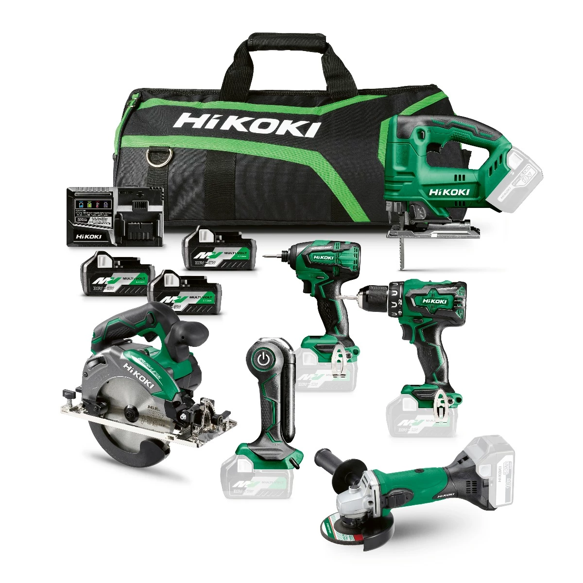 HIKOKI Set KC18H6B-MVA3 Pack Combiné Avec 6 Machines 18 Volts 3 X 5.0 Ah Batteries Et Chargeur Dans Le Sac 1 HIKOKI Set KC18H6B-MVA3 Pack Combiné Avec 6 Machines 18 Volts 3 X 5.0 Ah Batteries Et Chargeur Dans Le Sac